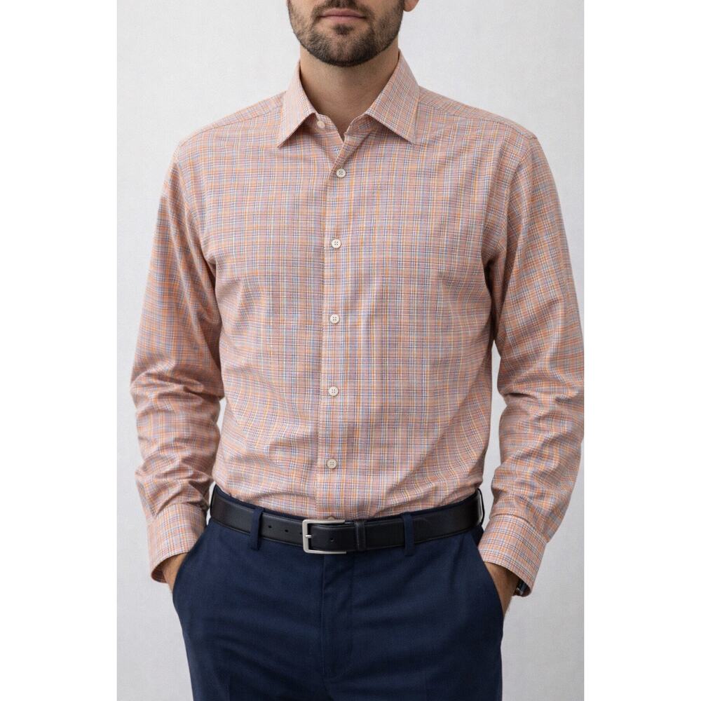 David Donahue Trim Fit Plaid Dress Shirt 16 34/35 Cotton Orange Blue Check
